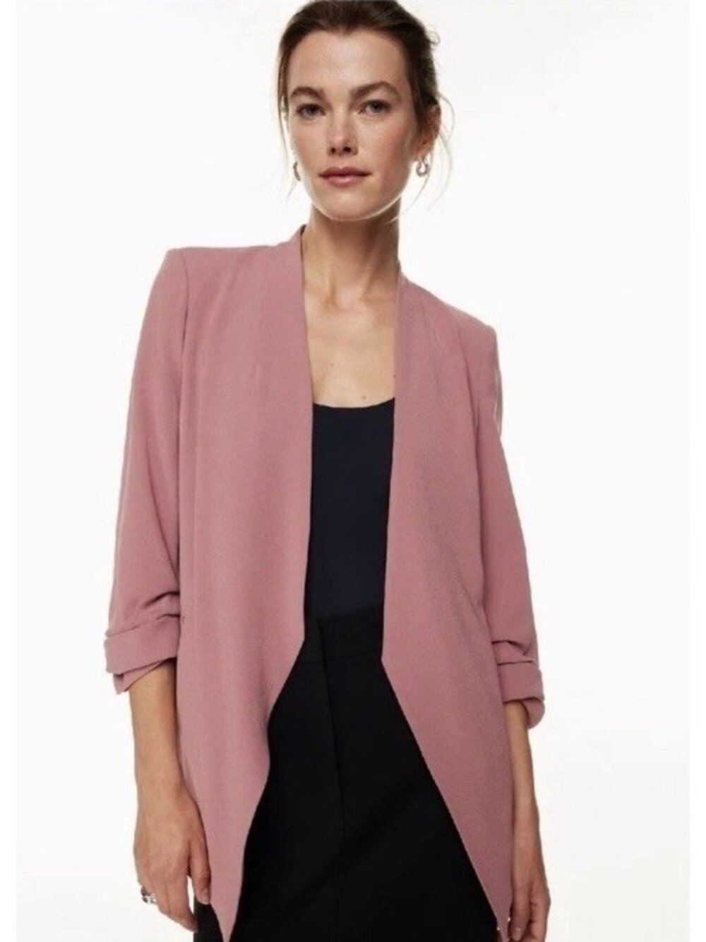 Aritzia Babaton Dusty Rose Power Hip Blazer Size 10 Ruched Sleeves Open Front